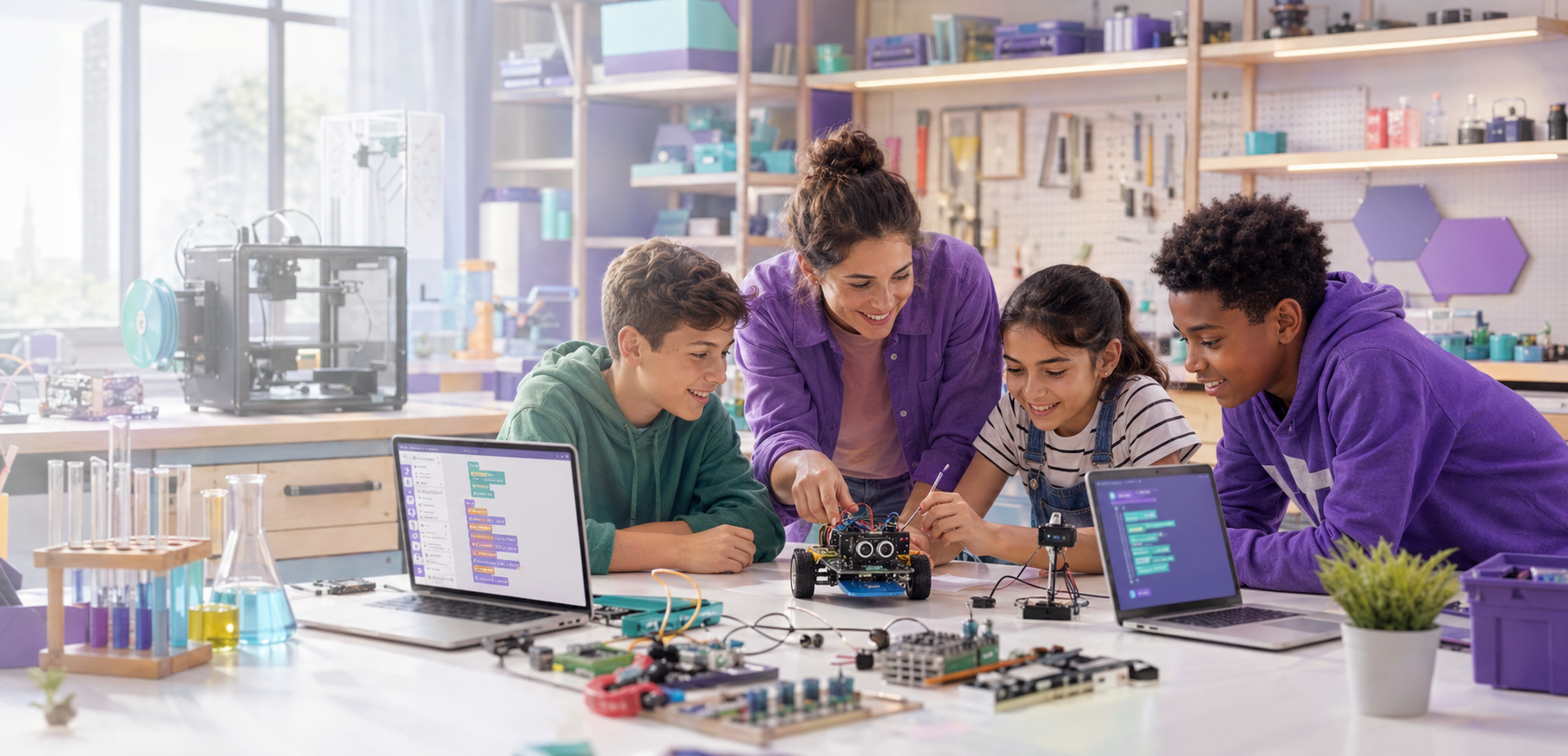 Students building and coding a robot in a bright STEM lab